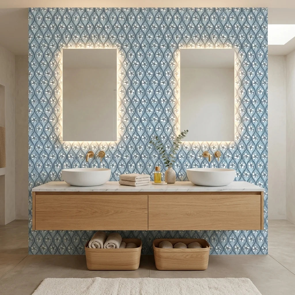 Hidden Court blue floral trellis wallpaper creating ambiance in a serene bathroom