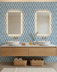 Hidden Court blue floral trellis wallpaper creating ambiance in a serene bathroom