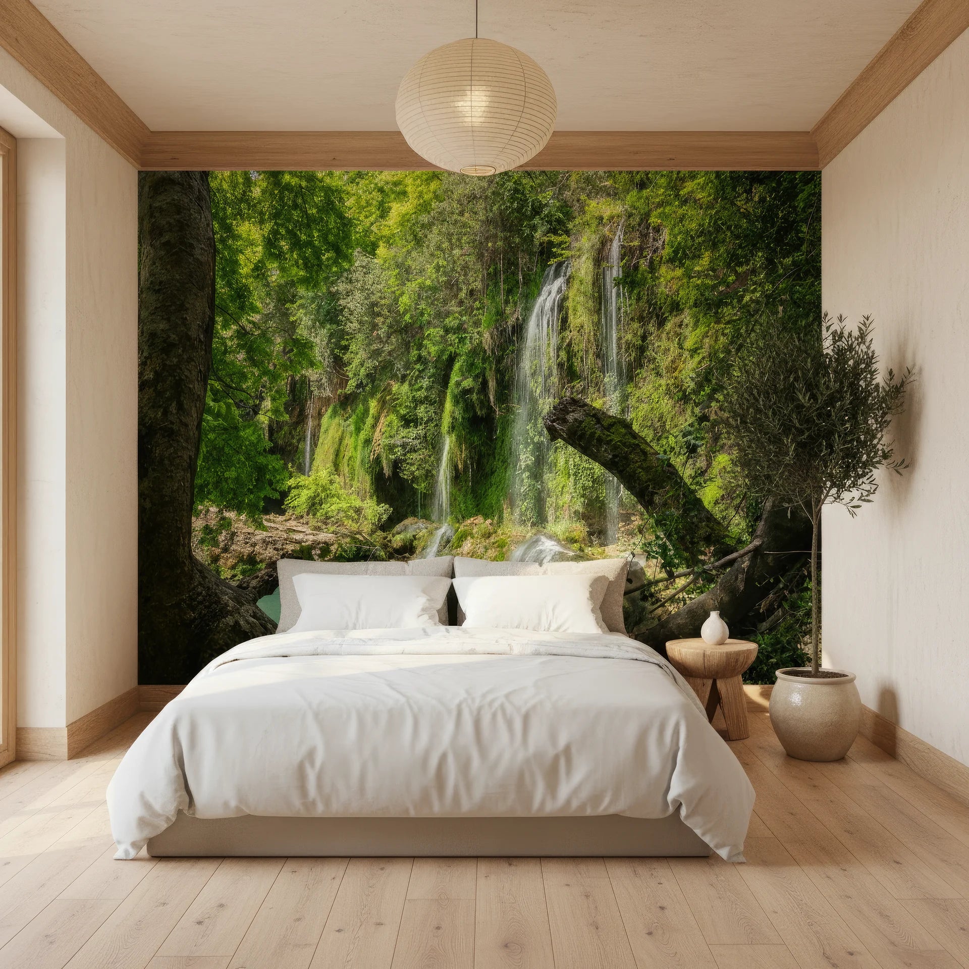 Secluded waterfall tucked within lush scenery removable wallpaper