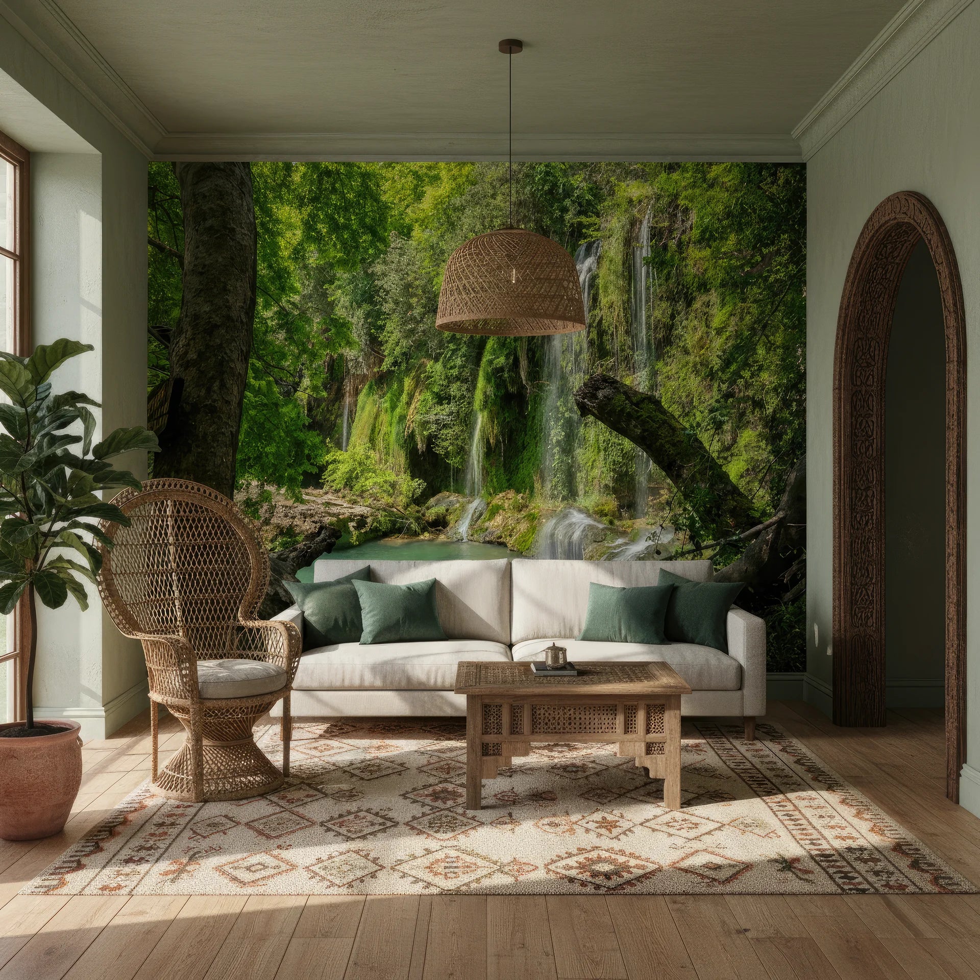 Secret cascading water feature surrounded by vegetation peel and stick