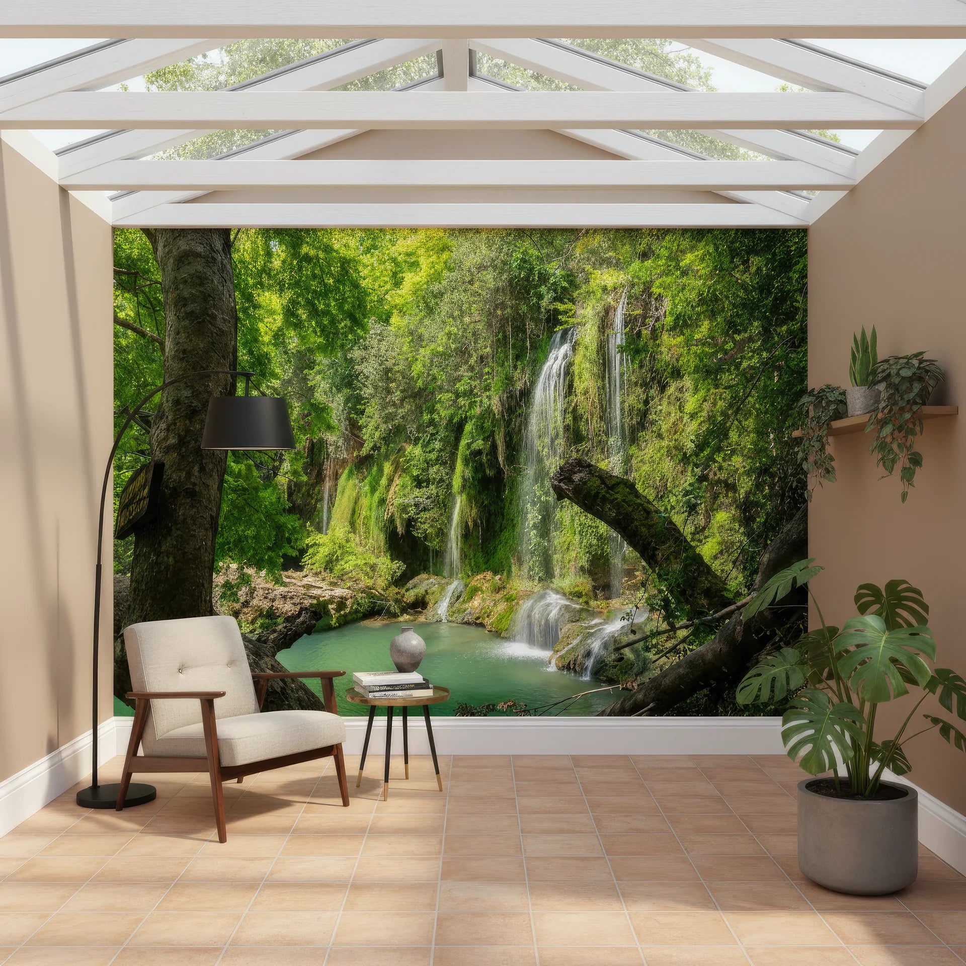 Tucked away waterfall among natural forest growth peel and stick wallpaper