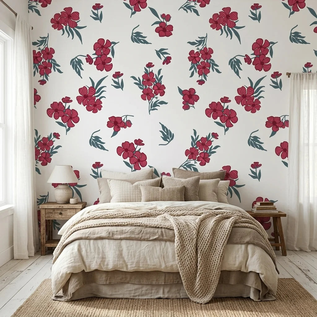 Hidden Garden elegant red floral peel and stick wallpaper adding character to a cozy bedroom