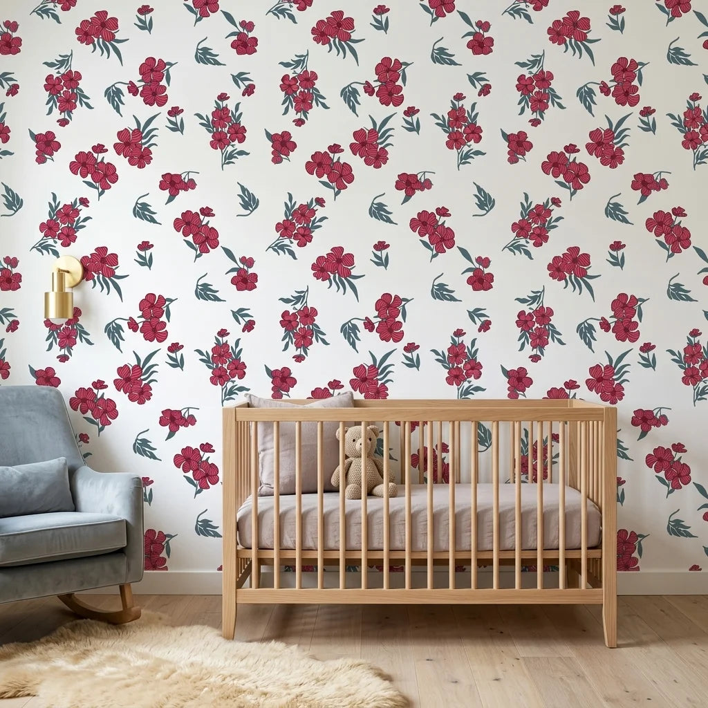 Hidden Garden elegant red floral peel and stick wallpaper bringing warmth to a peaceful nursery