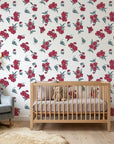 Hidden Garden elegant red floral peel and stick wallpaper bringing warmth to a peaceful nursery