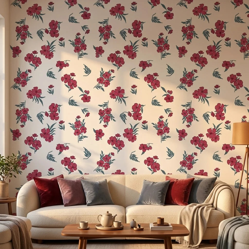 Hidden Garden elegant red floral peel and stick wallpaper in a warm and inviting living room