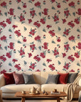 Hidden Garden elegant red floral peel and stick wallpaper in a warm and inviting living room