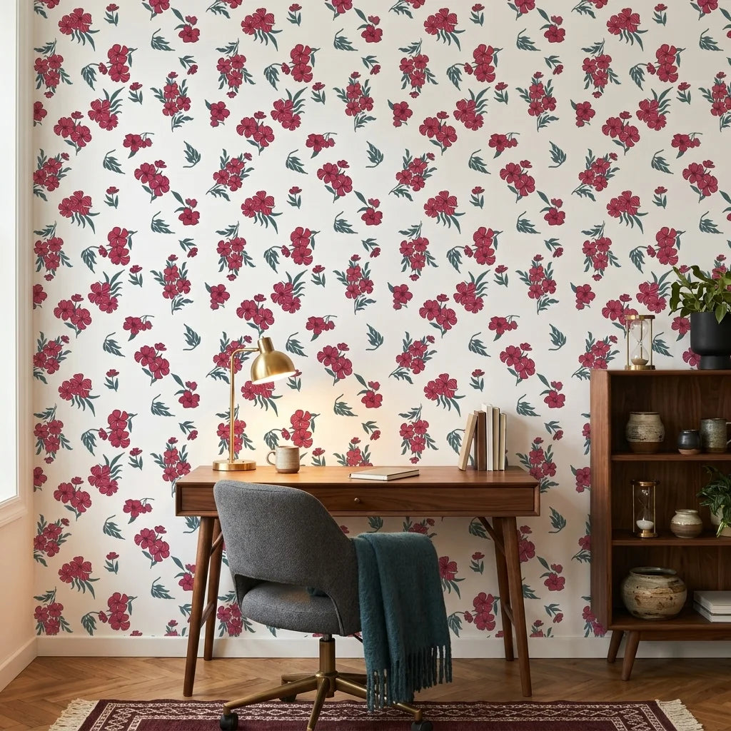 Hidden Garden elegant red floral peel and stick wallpaper as a feature wall in a bright home office