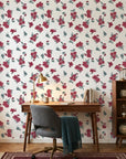 Hidden Garden elegant red floral peel and stick wallpaper as a feature wall in a bright home office