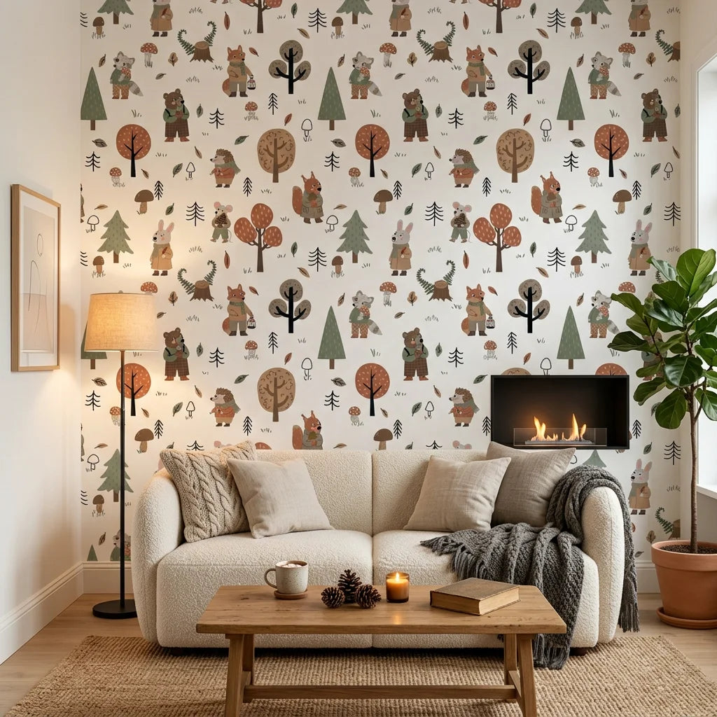 Hidden Glade white woodland animal forest wallpaper in a warm and inviting living room