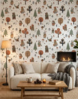 Hidden Glade white woodland animal forest wallpaper in a warm and inviting living room