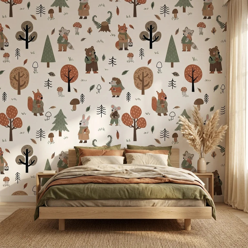 Hidden Glade white woodland animal forest wallpaper adding character to a cozy bedroom
