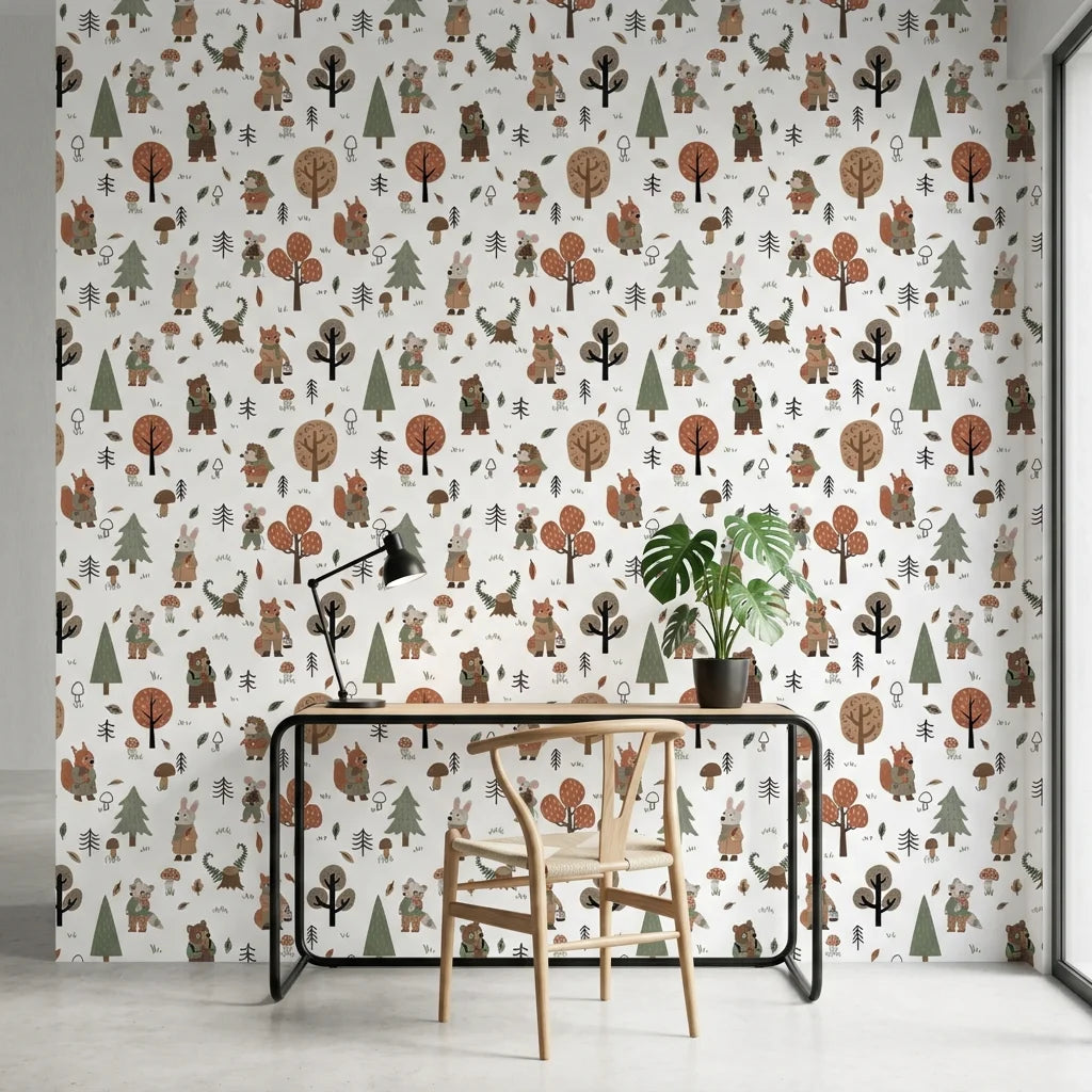 Hidden Glade white woodland animal forest wallpaper as a feature wall in a bright home office