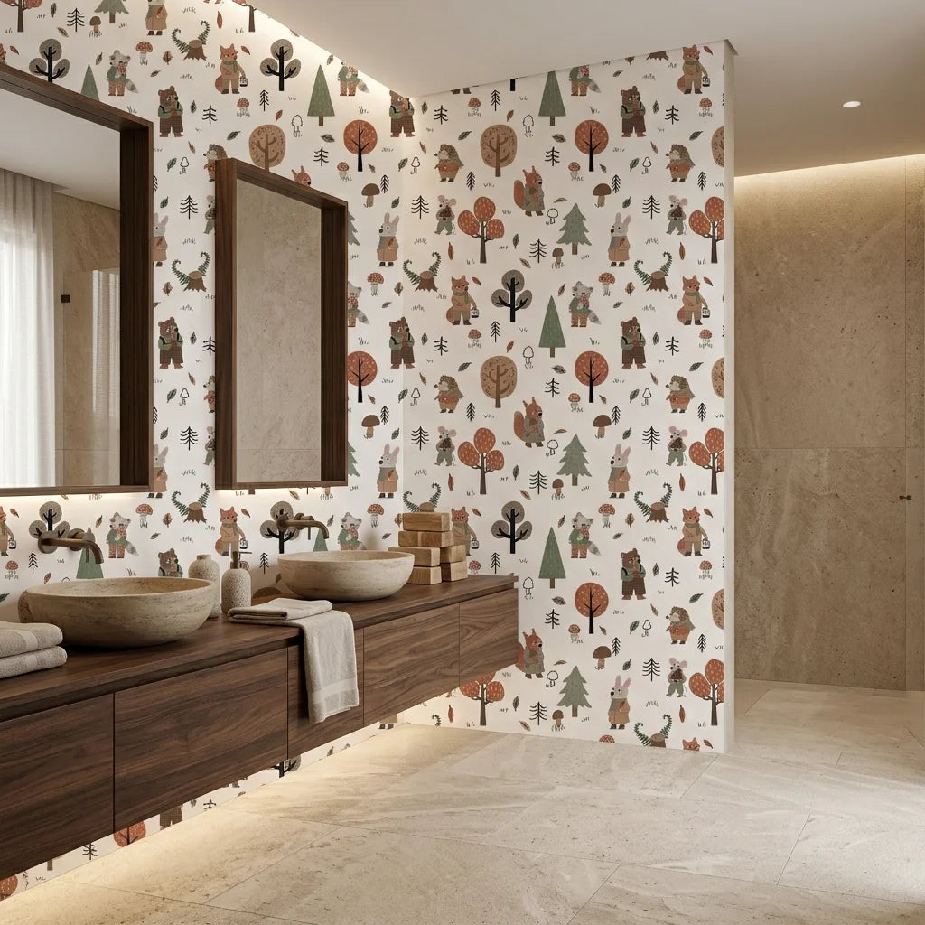 Hidden Glade white woodland animal forest wallpaper creating ambiance in a serene bathroom
