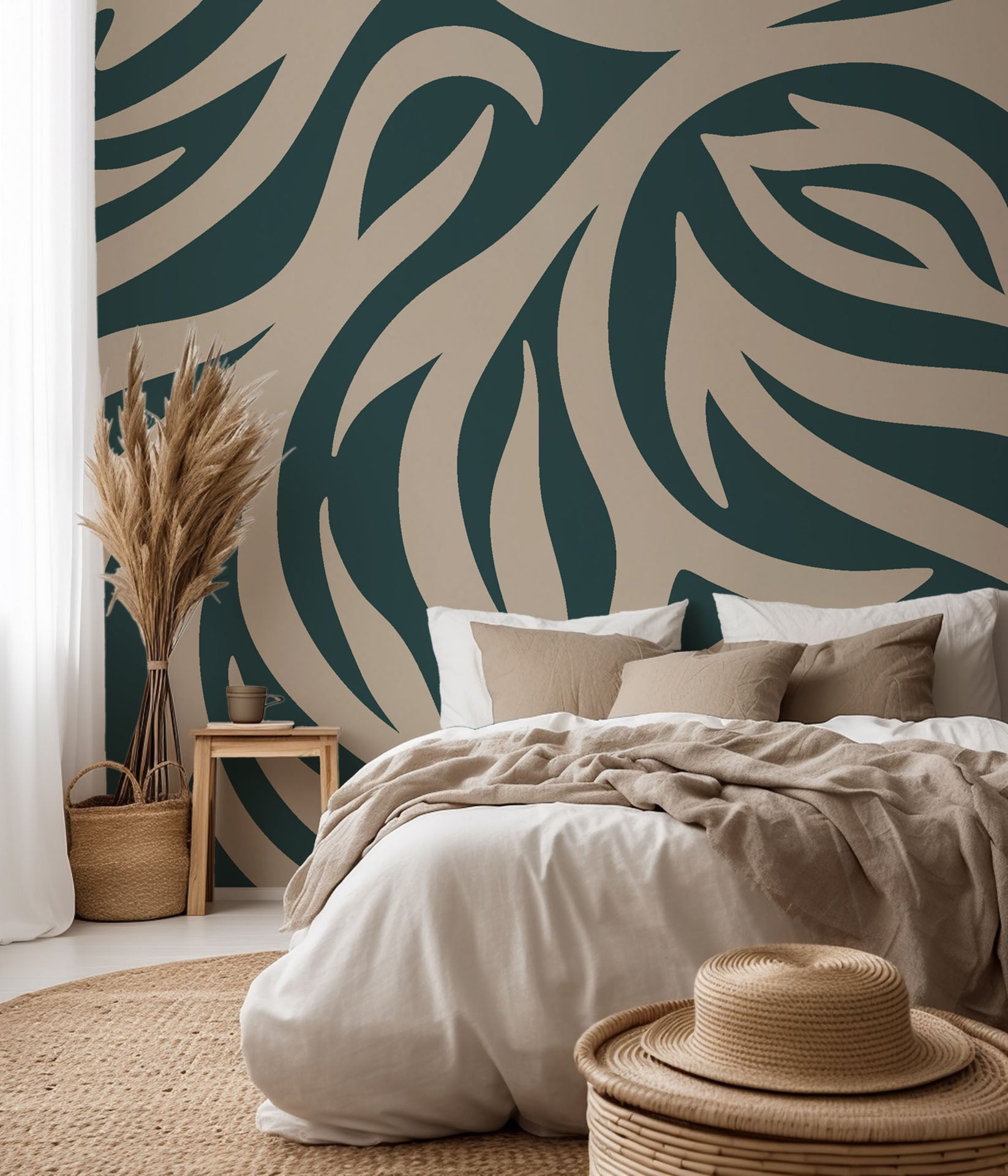 Non-representational wallpaper featuring flowing green and beige organic swirls