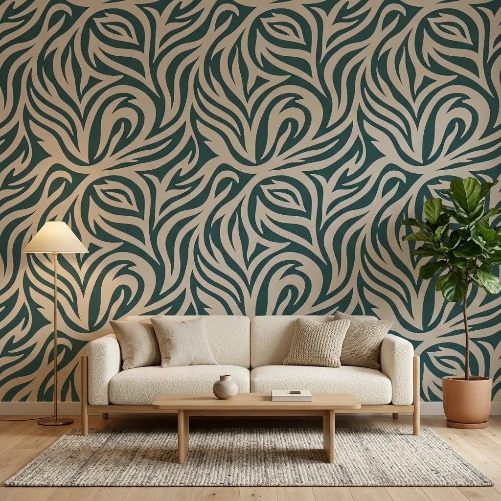 Hidden Rivers sage green and beige abstract swirl wallpaper in a warm and inviting living room