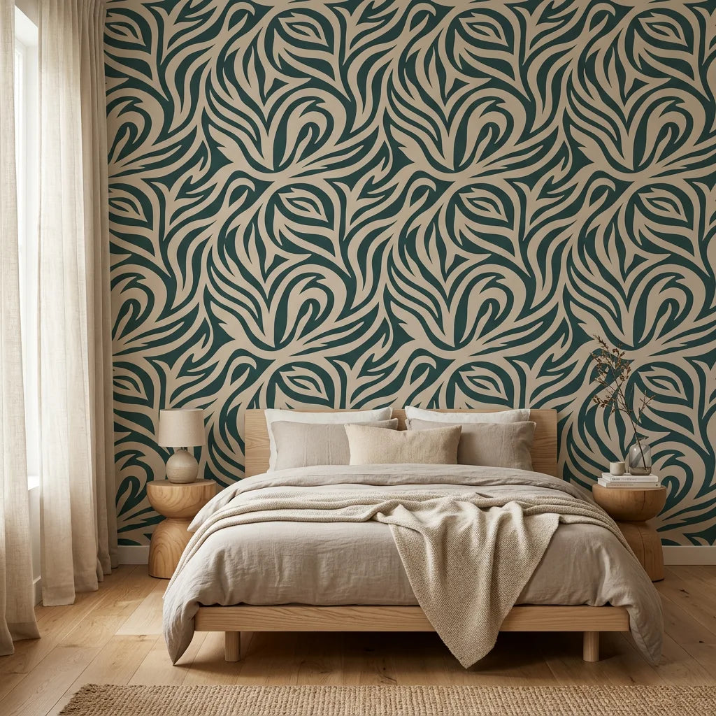 Hidden Rivers sage green and beige abstract swirl wallpaper adding character to a cozy bedroom