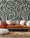 Flowing, abstract self-adhesive wall covering featuring green and beige organic curves (Hidden Rivers design)