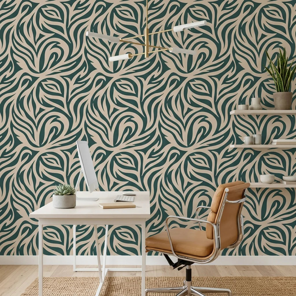 Hidden Rivers sage green and beige abstract swirl wallpaper as a feature wall in a bright home office