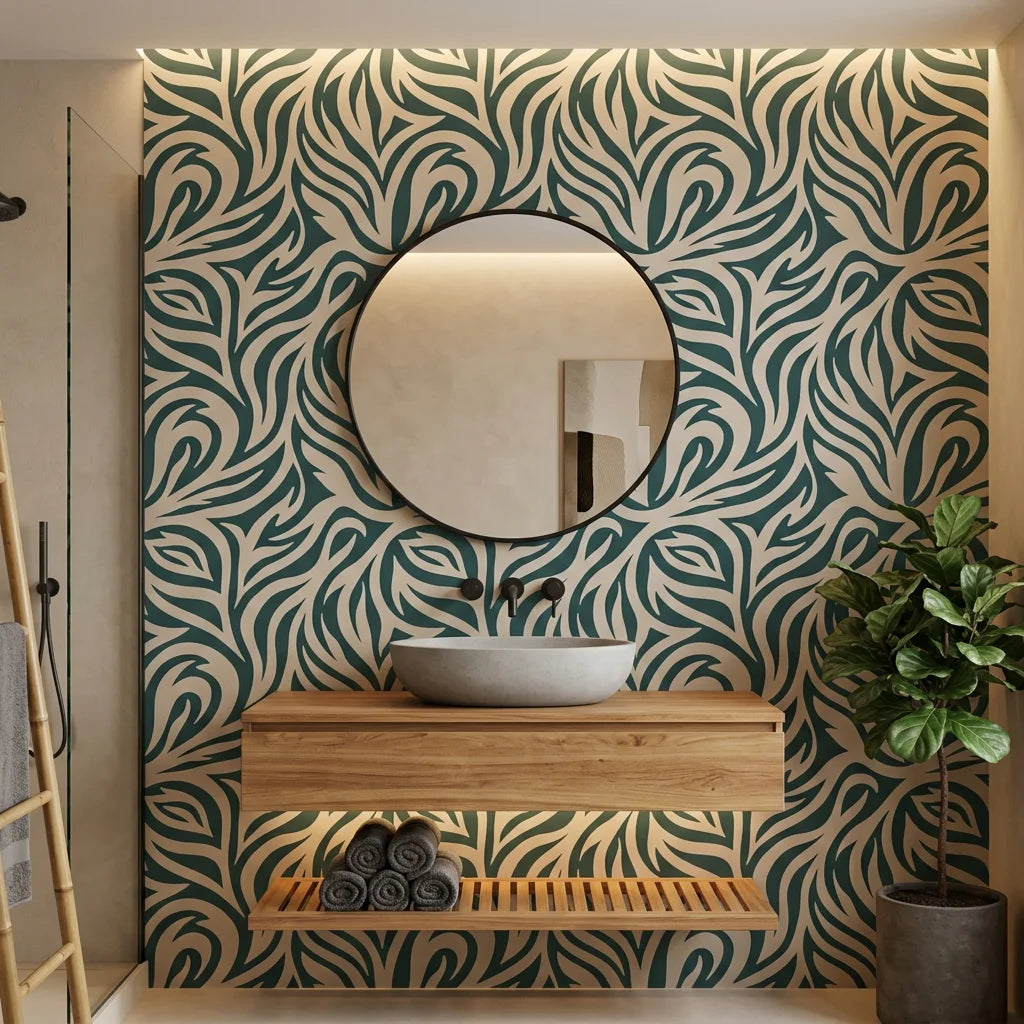 Hidden Rivers sage green and beige abstract swirl wallpaper creating ambiance in a serene bathroom