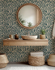 Removable peel and stick wall covering featuring a conceptual green and beige organic swirling pattern (Hidden Rivers design)