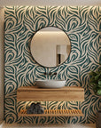 Hidden Rivers sage green and beige abstract swirl wallpaper creating ambiance in a serene bathroom