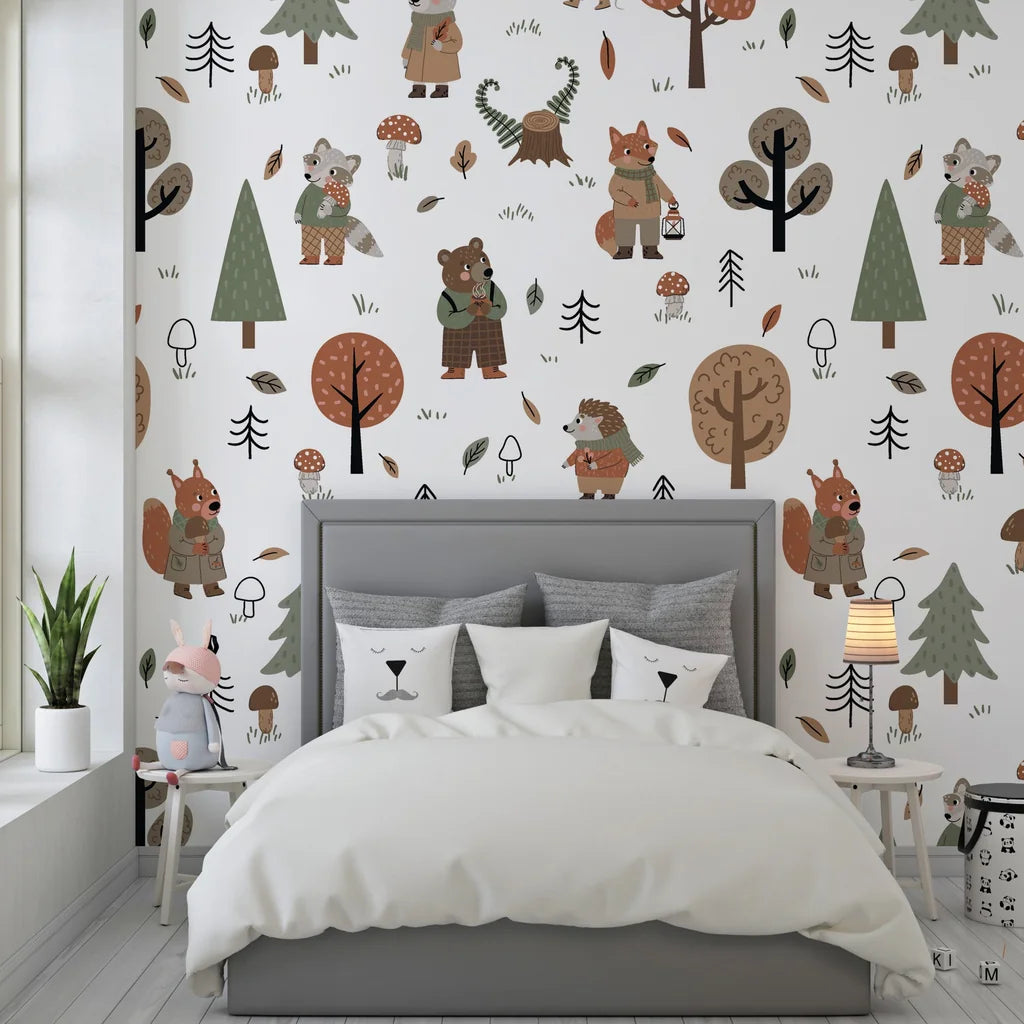 Forest creatures and leafy trees on self-adhesive nursery wallpaper - Hidden Glade