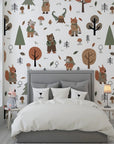 Forest creatures and leafy trees on self-adhesive nursery wallpaper - Hidden Glade