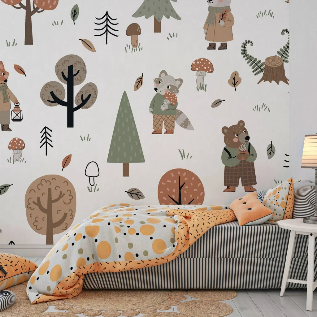 Removable wall decal featuring woodland wildlife and towering greenery for a child's bedroom - Hidden Glade