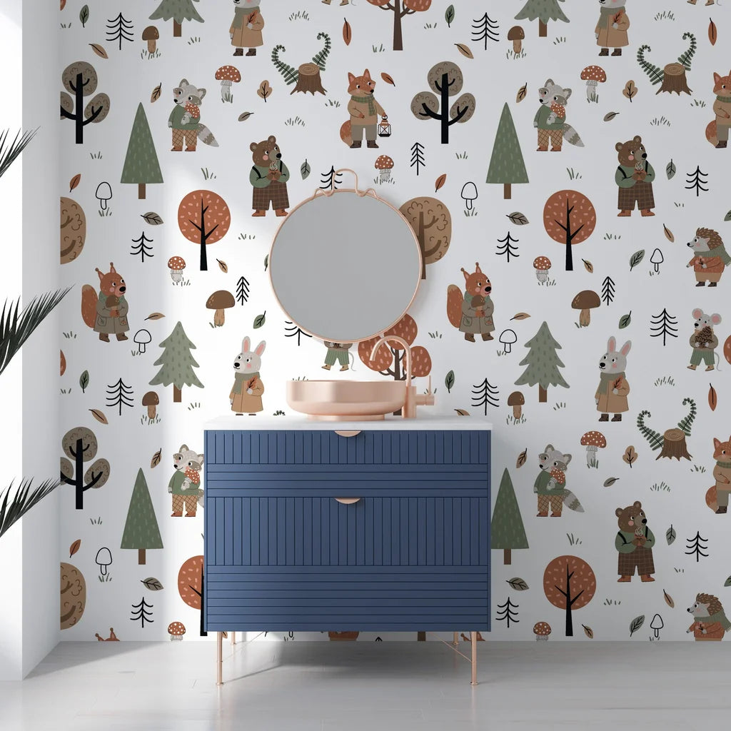 Hand-drawn forest inhabitants nestled among timberland silhouettes on peel-off backing - Hidden Glade