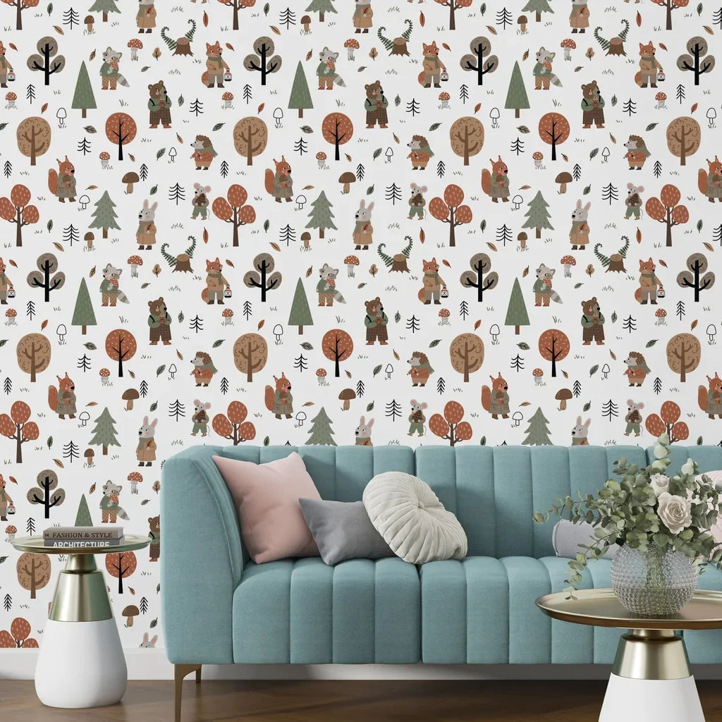 Charming woodland animal illustrations paired with botanical tree patterns for a baby's nursery - Hidden Glade