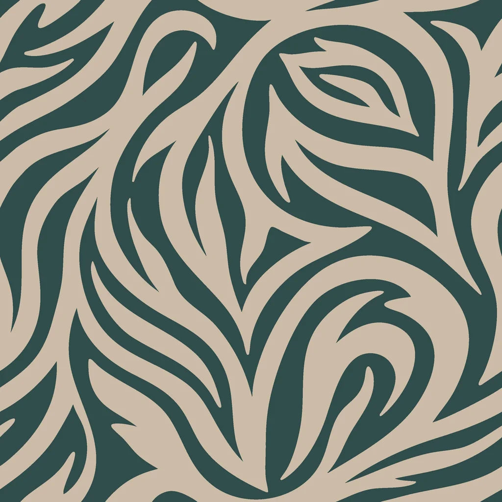 Abstract, self-adhesive wallpaper with an organic swirling design in beige and green tones, style "Hidden Rivers"