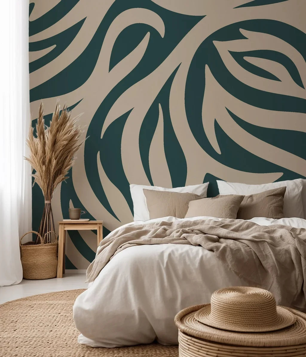 Non-representational wallpaper featuring flowing green and beige organic swirls