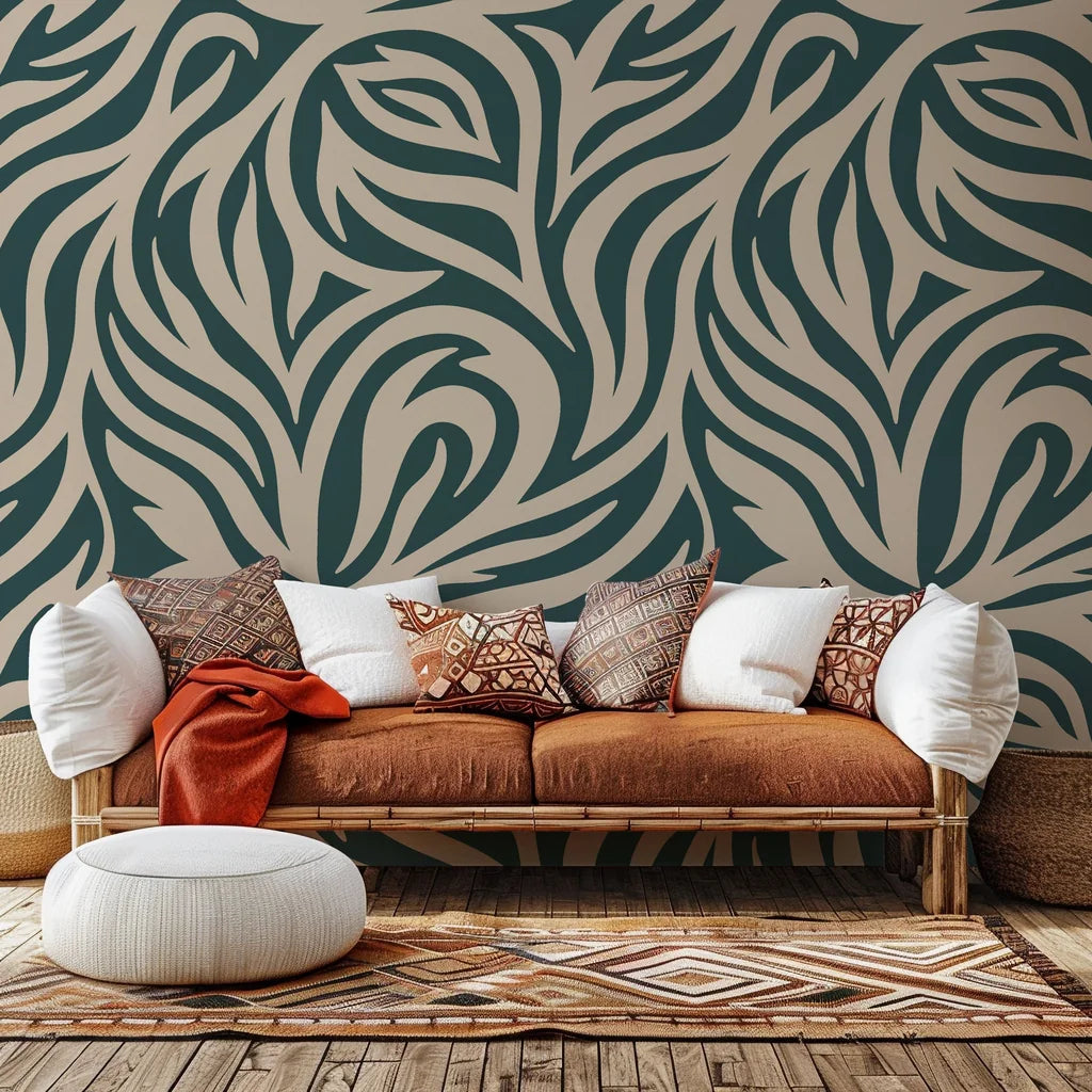 Flowing, abstract self-adhesive wall covering featuring green and beige organic curves (Hidden Rivers design)