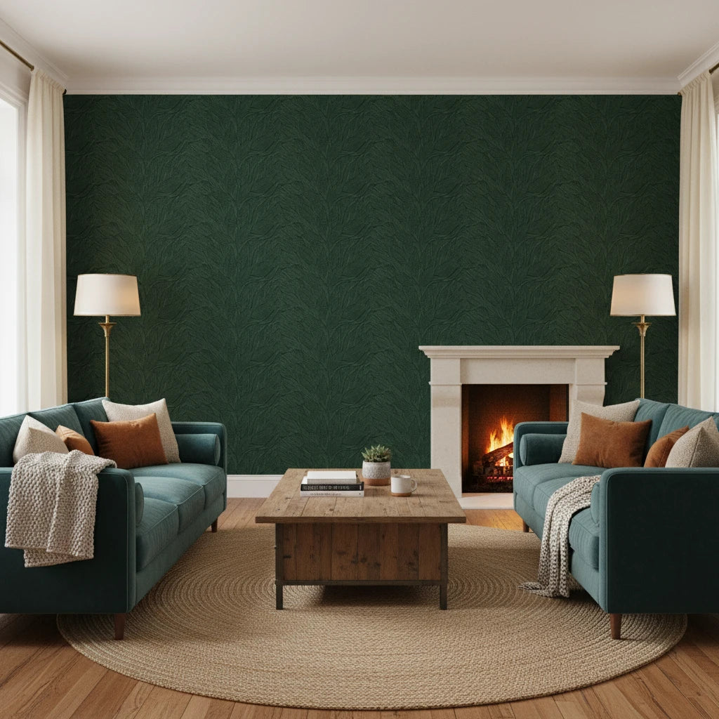 Hidden Understory dark green botanical wallpaper in a warm and inviting living room