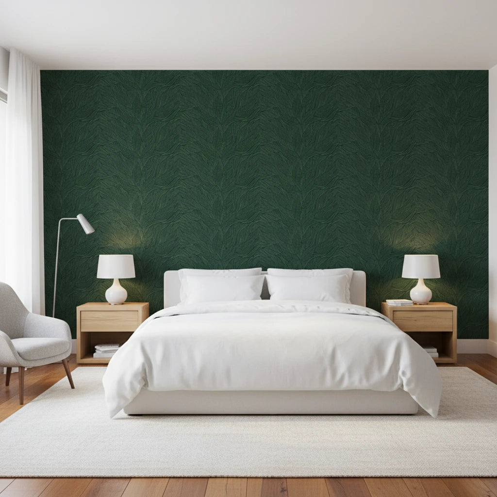 Hidden Understory dark green botanical wallpaper adding character to a cozy bedroom