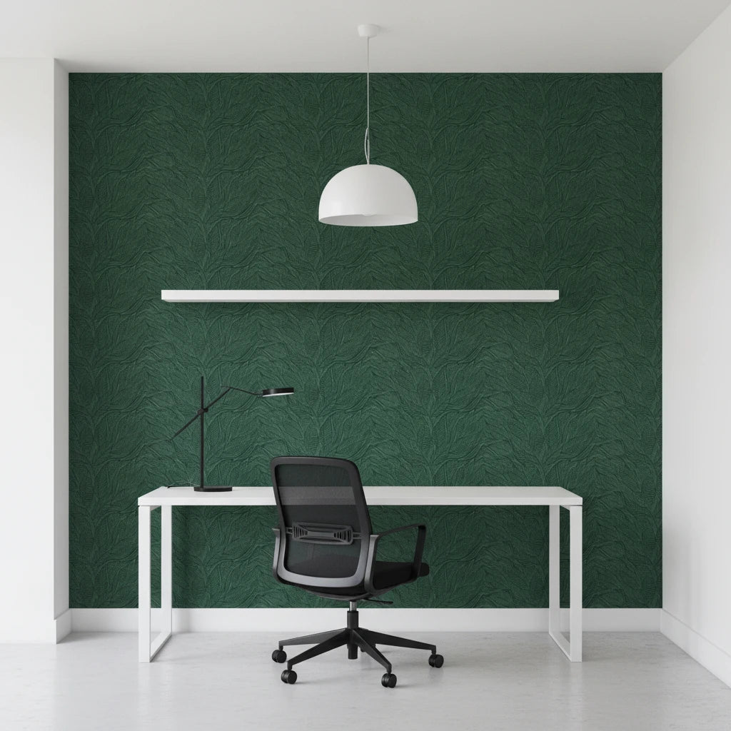 Hidden Understory dark green botanical wallpaper as a feature wall in a bright home office