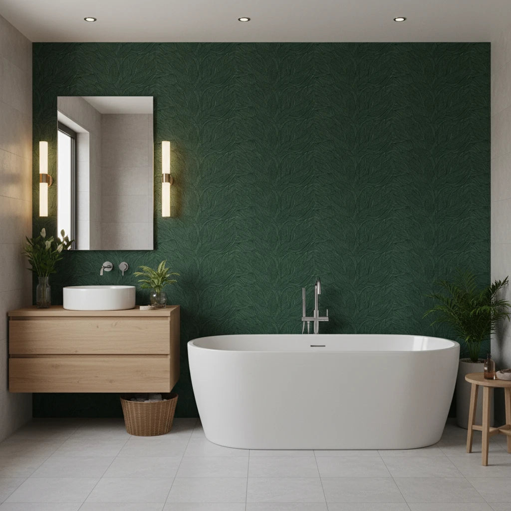 Hidden Understory dark green botanical wallpaper creating ambiance in a serene bathroom