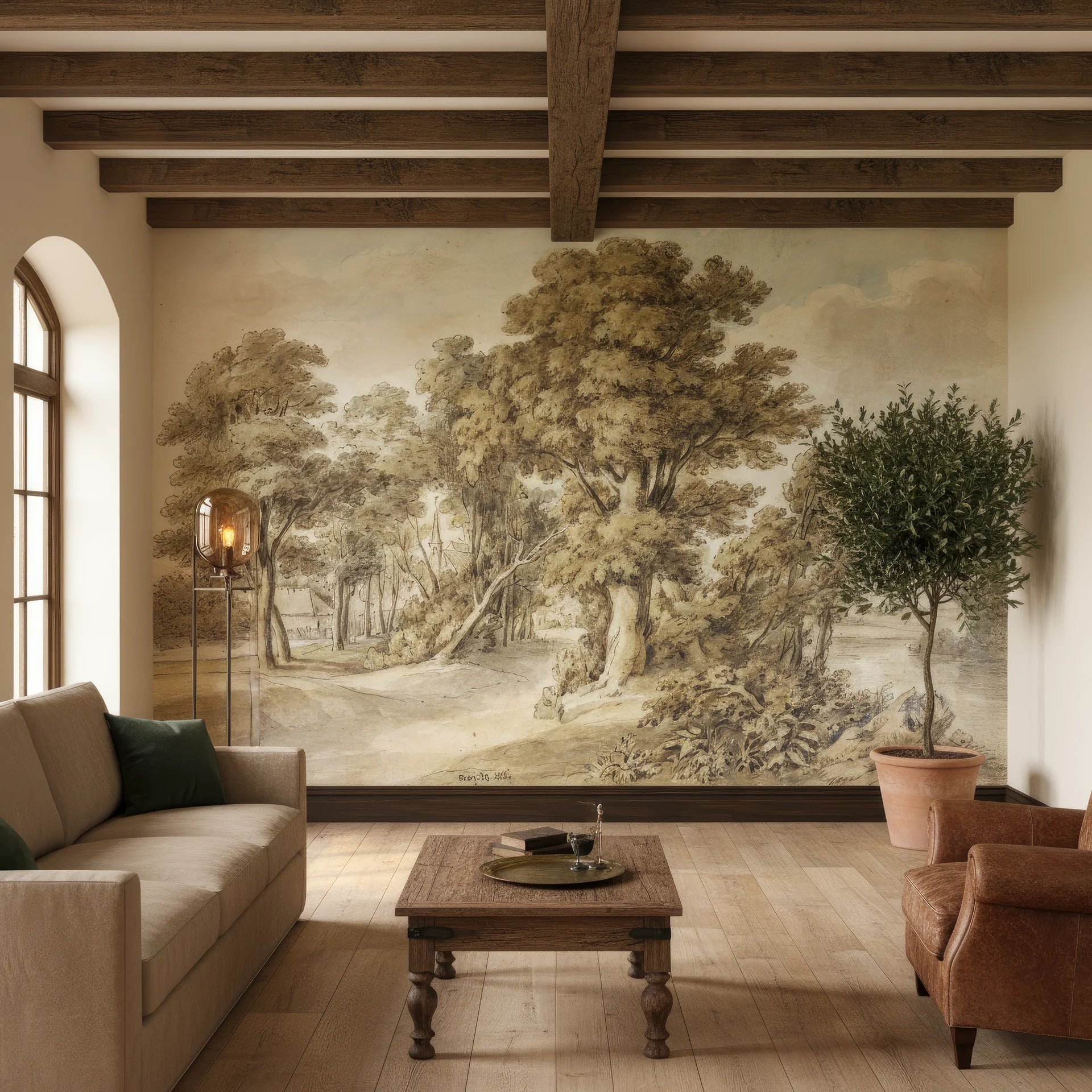 Highland River sepia landscape wallpaper mural with vintage trees on rustic living room wall