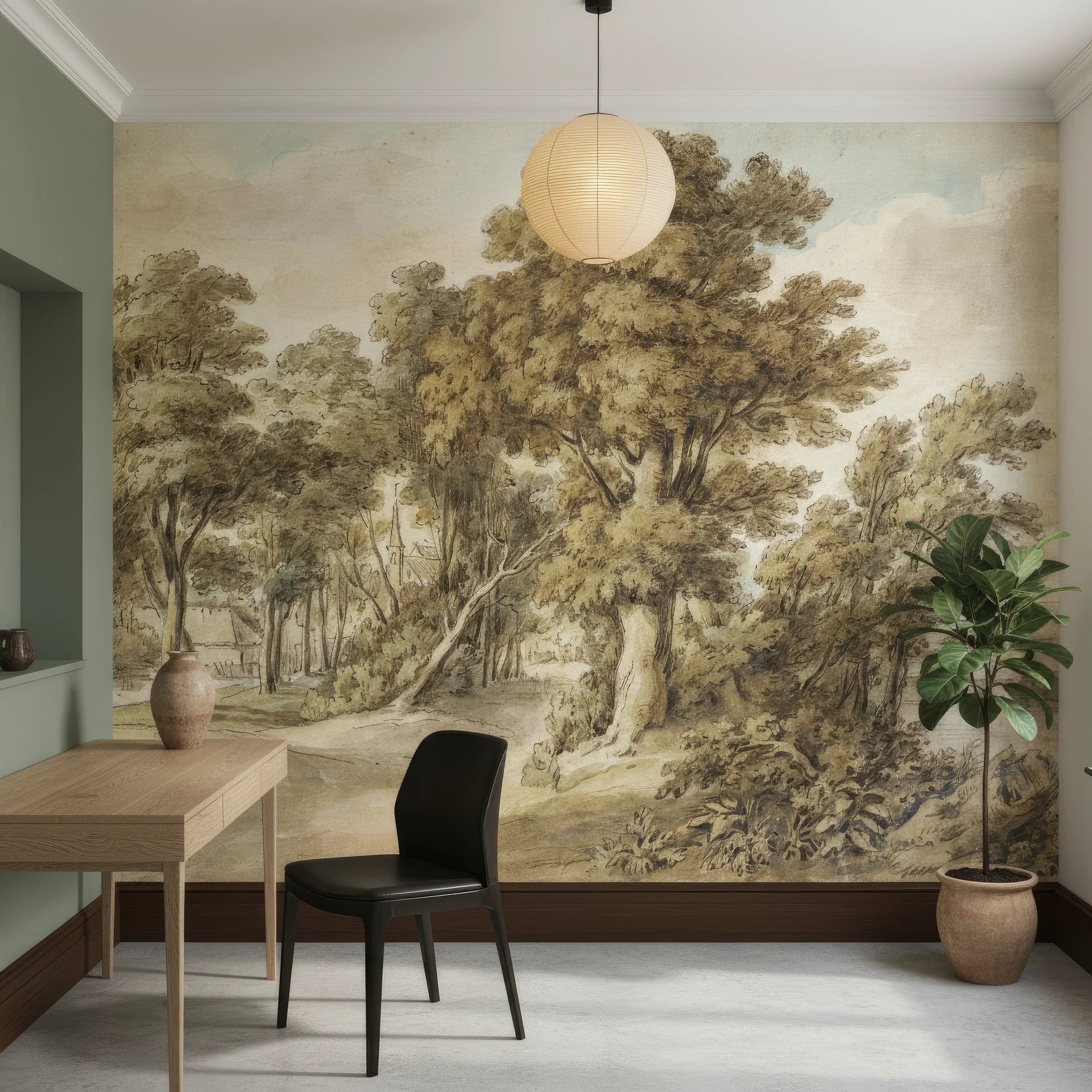 Sepia-toned Highland River forest mural wallpaper in modern dining room with natural lighting