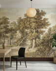 Sepia-toned Highland River forest mural wallpaper in modern dining room with natural lighting