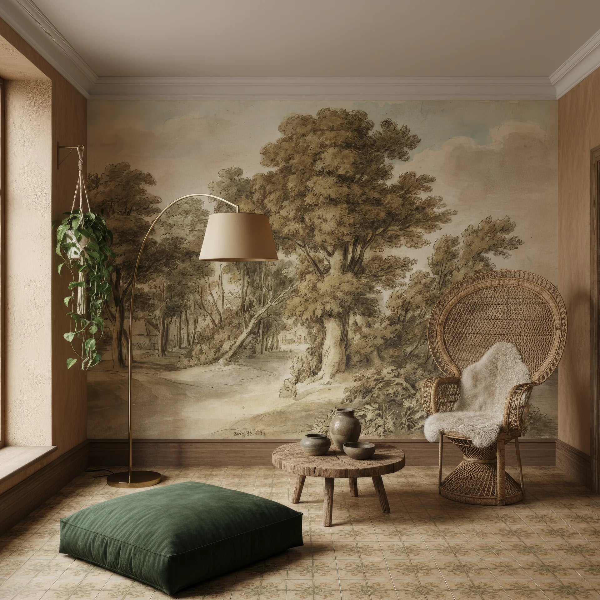Highland River mural wallpaper featuring sepia-toned vintage forest scene in bohemian living room setting
