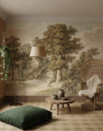 Highland River mural wallpaper featuring sepia-toned vintage forest scene in bohemian living room setting