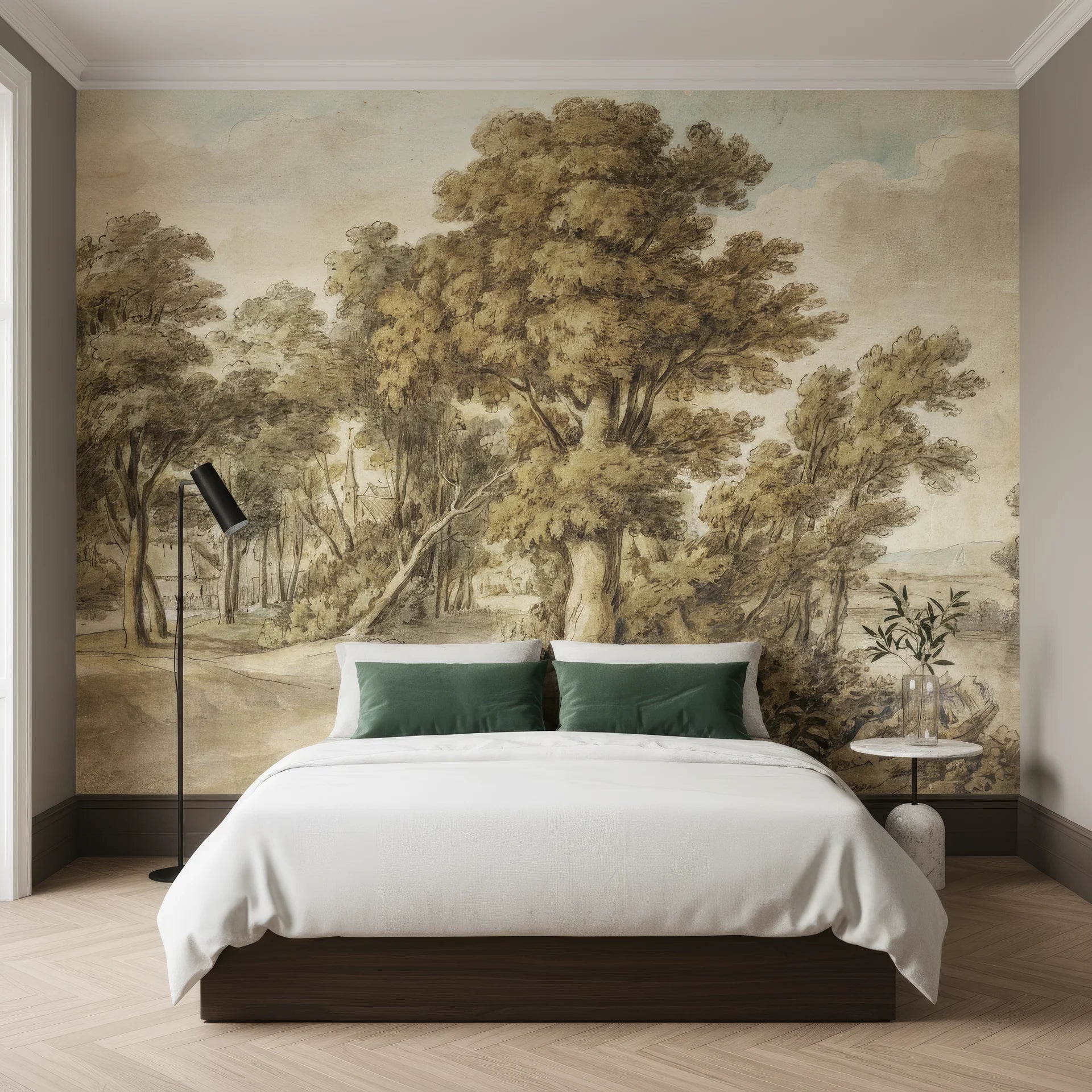 Sepia and sage Highland River wallpaper mural with vintage tree landscape in modern bedroom setting