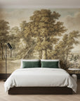 Sepia and sage Highland River wallpaper mural with vintage tree landscape in modern bedroom setting