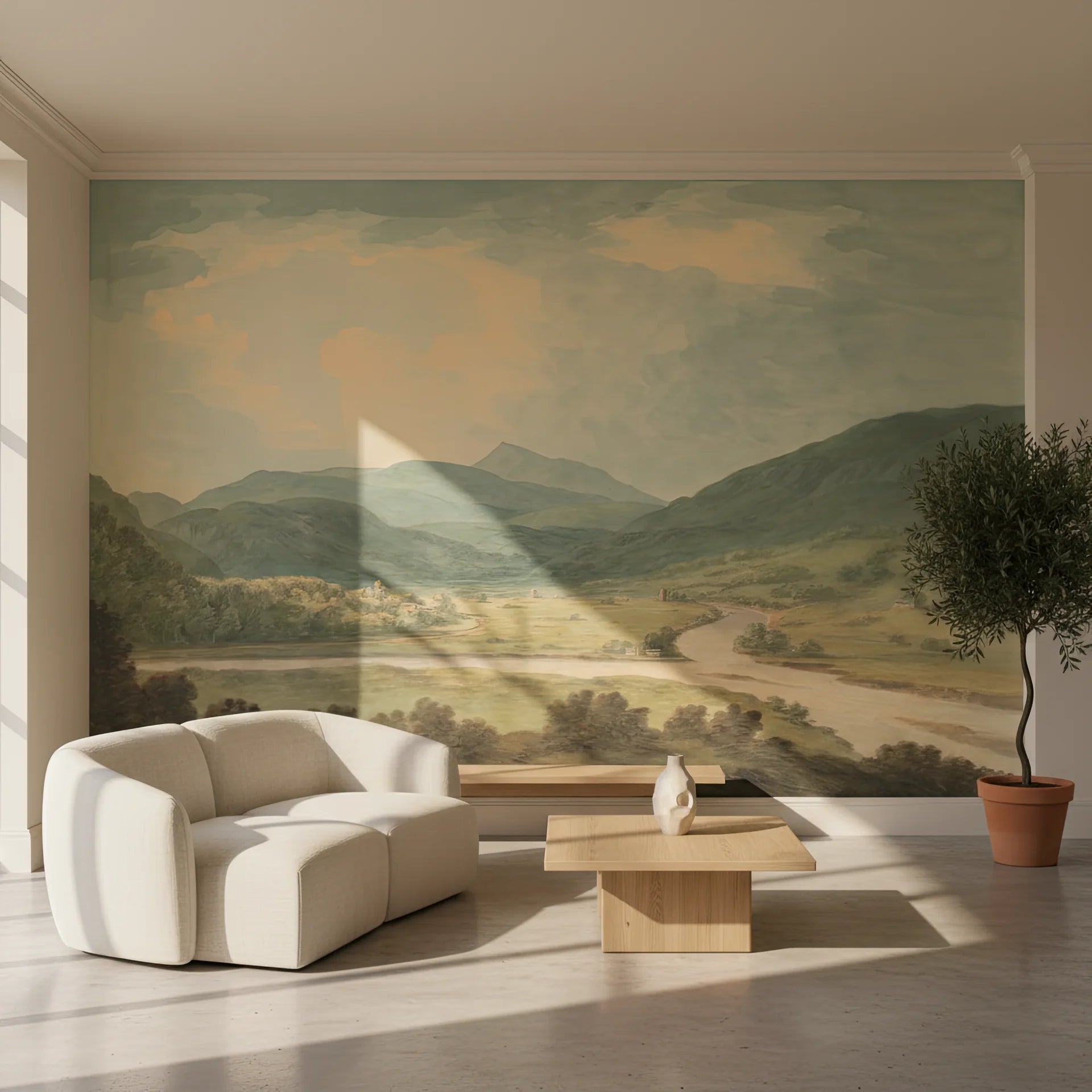 Highland River Valley mural wallpaper showing painted landscape with mountains, river valley, and soft sage green tones