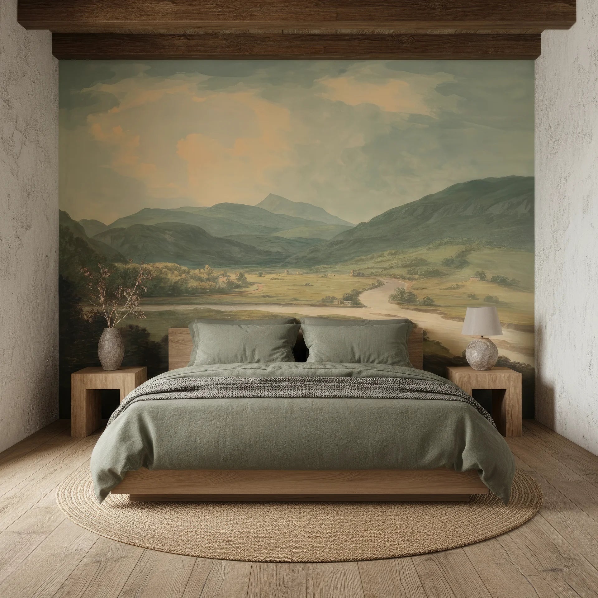 Sage green Highland River Valley landscape mural wallpaper on rustic bedroom accent wall with wooden beams
