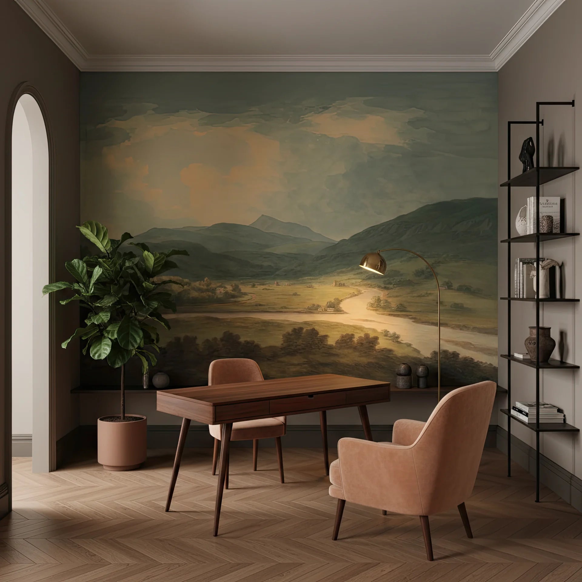 Highland River Valley landscape mural wallpaper featuring mountain vista in sage green and golden tones on home office wall