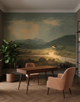 Highland River Valley landscape mural wallpaper featuring mountain vista in sage green and golden tones on home office wall