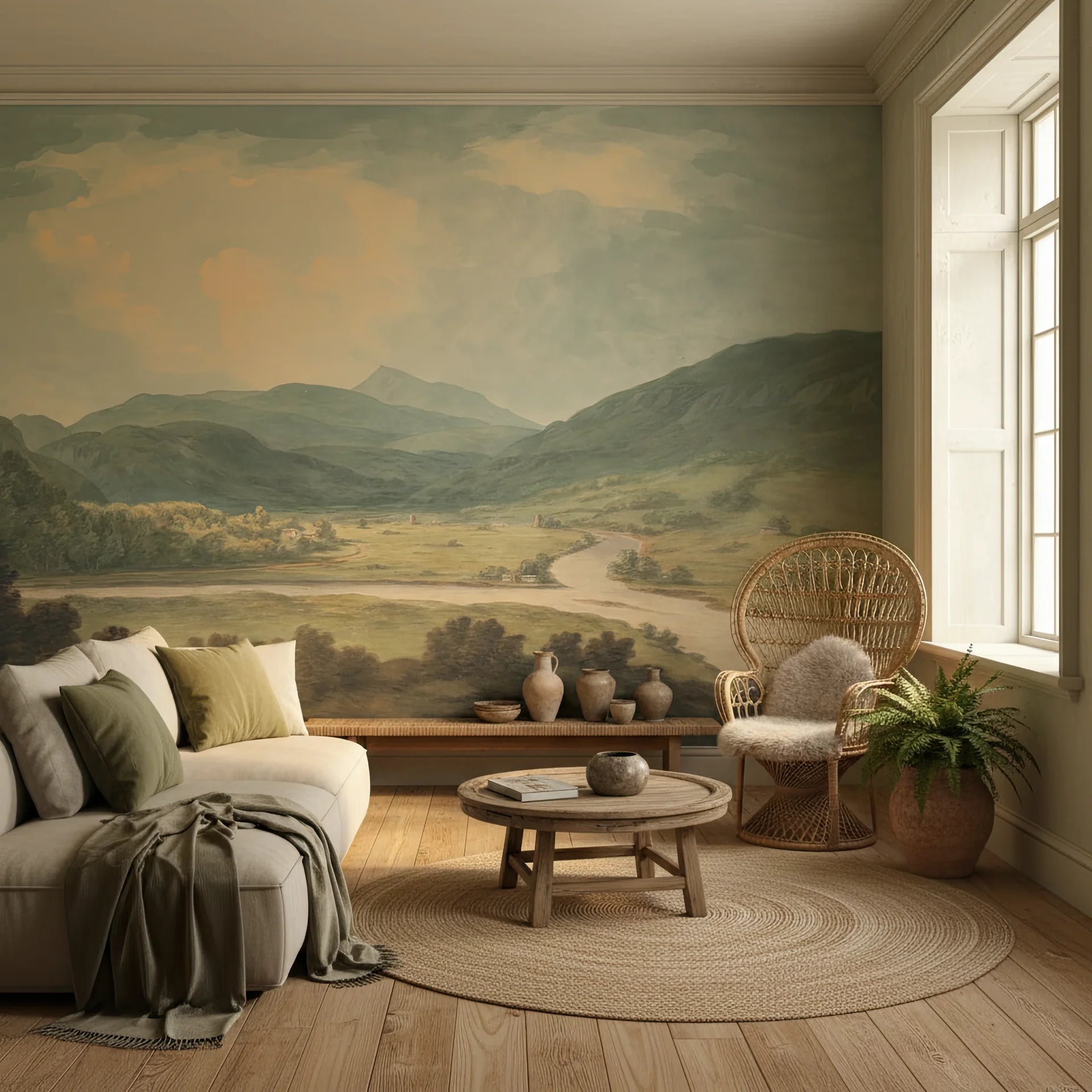Sage and cream Highland River Valley mural wallpaper in serene living room with mountain landscape