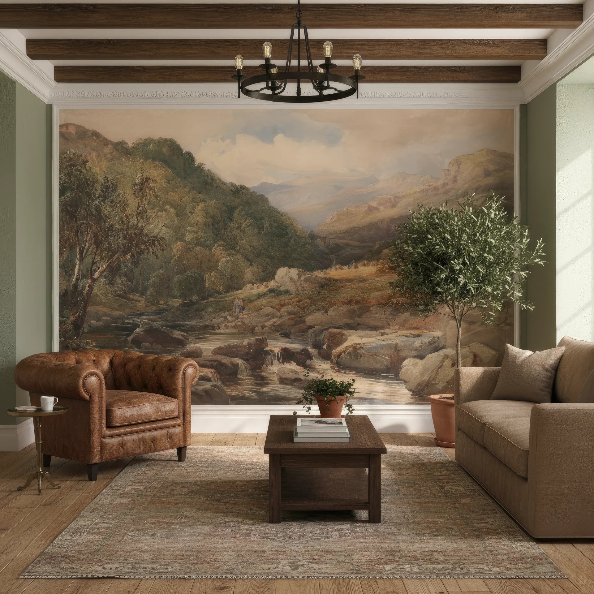 Hilltop Manor landscape mural wallpaper featuring mountains, stream, and trees in earth tones on living room wall